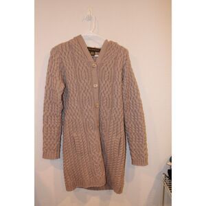 Inis Crafts 100% Merino wool ireland cable knit long line hooded sweater small